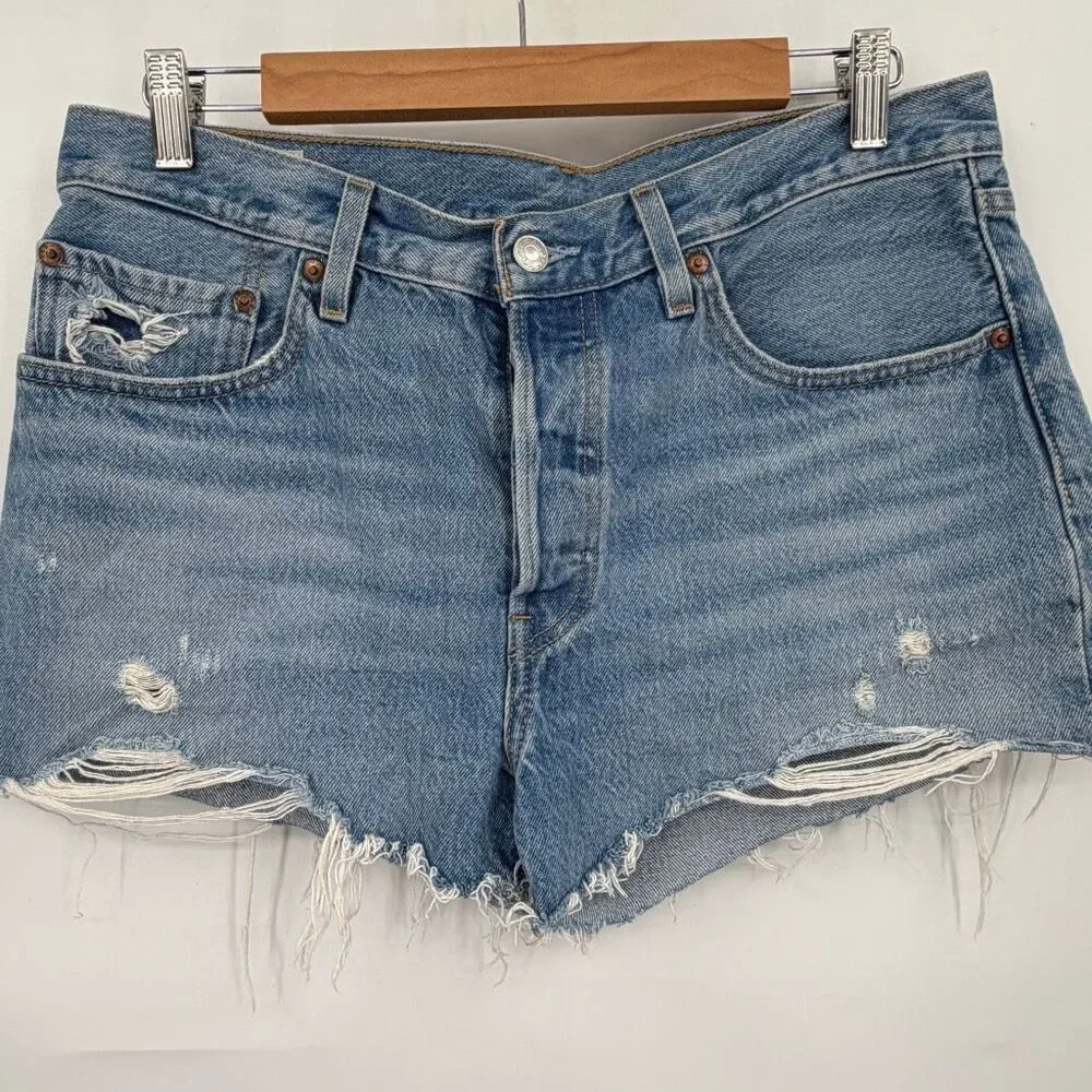 Levi’s Blue Button Fly 501 Original Distressed Denim Cut-Off Shorts Size 30